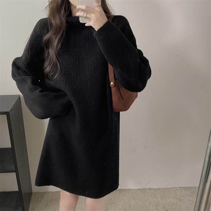 Winter Dress Turtleneck Batwing Long Sleeves Ribbed Warm Sweater Dress Ladies Autumn Winter Knitted Midi Dress