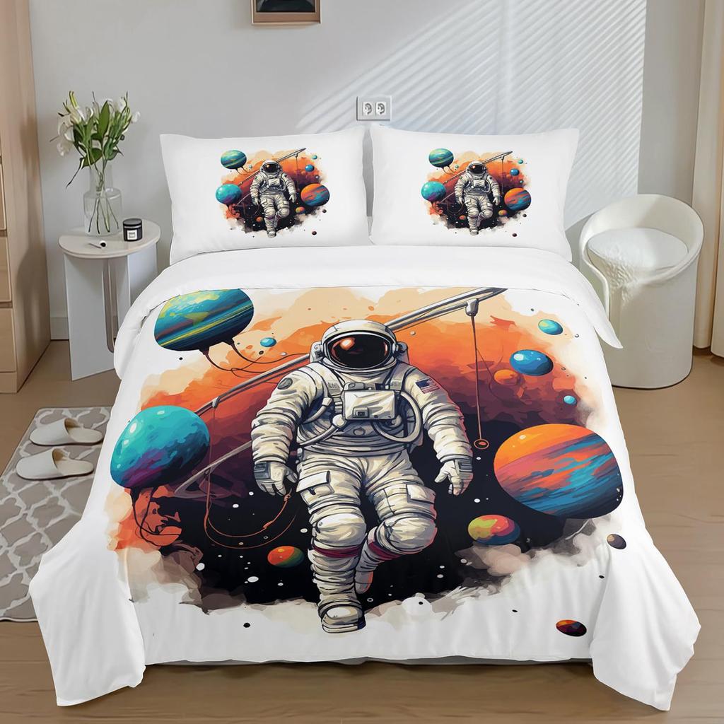 Three-Piece Space Astronaut Pattern Printed Duvet Set Suitable For Children'S Bedroom Decoration
