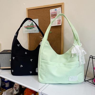 Korean Style Lightweight Women's Shoulder Bag with Sweet Bow Embroidery - Large Capacity for College Students