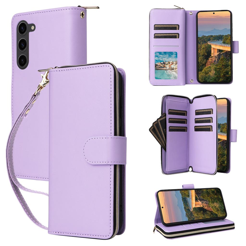 R20 For Samsung Galaxy S23+ Case Zipper Pocket Leather Phone Cover with 9 Card Slots