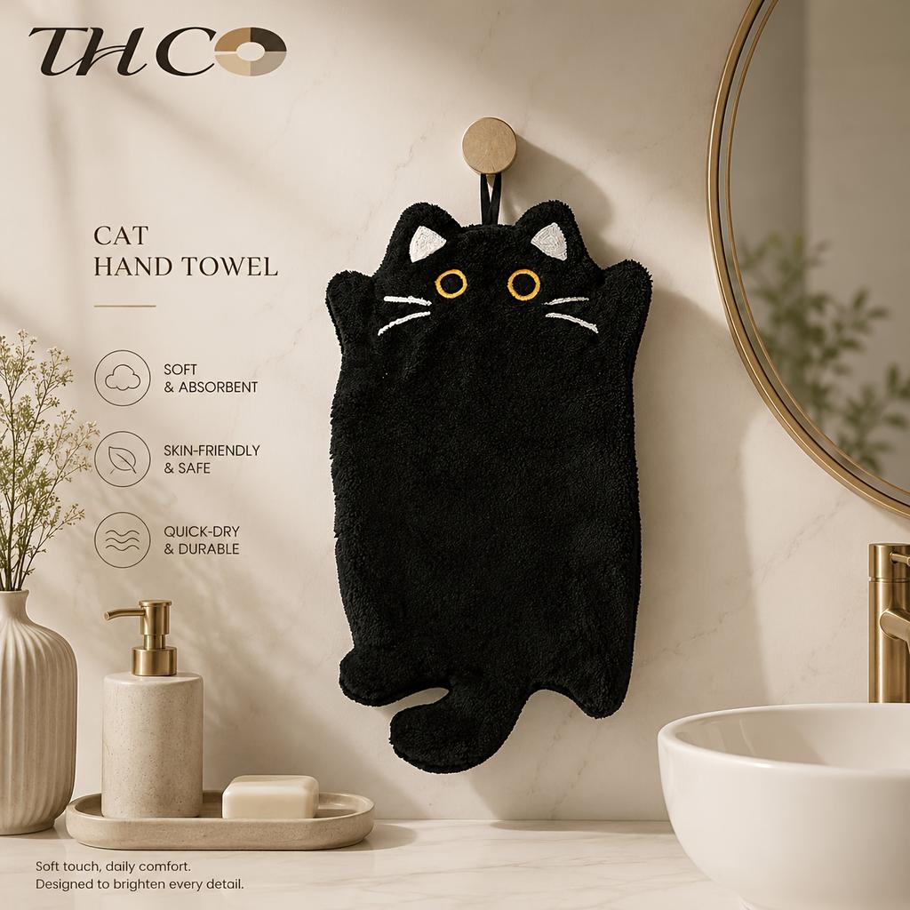2Pcs And 1-Piece Wall-Mounted Black Cat Hand Towel, Kitchen Heat-Resistant Mat, Thickened Absorbent Coral Fleece Cleaning Cloth And Hand Towel