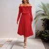 New Date Party Elegant and Sweet Style One Shoulder Long Sleeved Solid Color Women's Dress