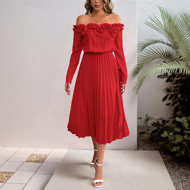 New Date Party Elegant and Sweet Style One Shoulder Long Sleeved Solid Color Women's Dress