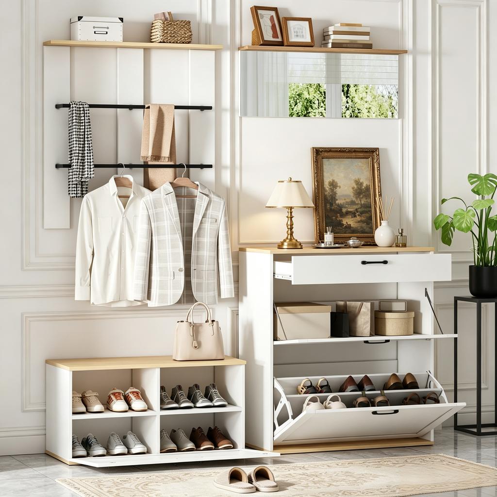Coat Rack Set, Drawer, Mirror, Shoe Cabinet with Shoe Bench, Can Be Combined, Suitable for Entryway, Living Room, White + Wood Tone, 156x36x176cm