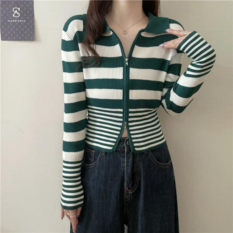 Spring Design Feeling Pletenina Cardigan Dámské Kontrastní proužky Polo Výstřih Cardigan Dvojitý zip Kabát Dlouhý rukáv Krátký svetr Top