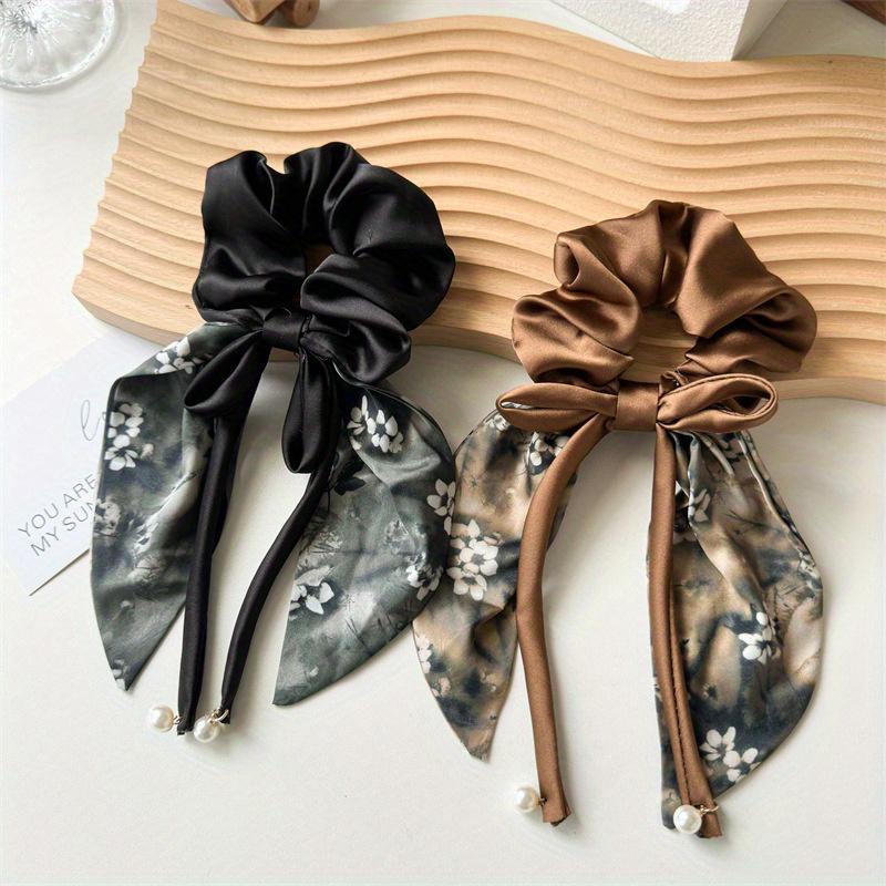 2Pcs Elegant Hair Tie with Bow, Ink Painting Design High Elasticity Hair Ring, Fashionable Band Headband for Women