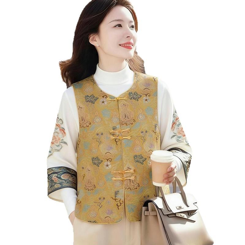 Elegant Retro Chinese Style Plus Size Vest for Middle-Aged and Elderly Women - Warm, Comfortable, Versatile Spring and Autumn Wear