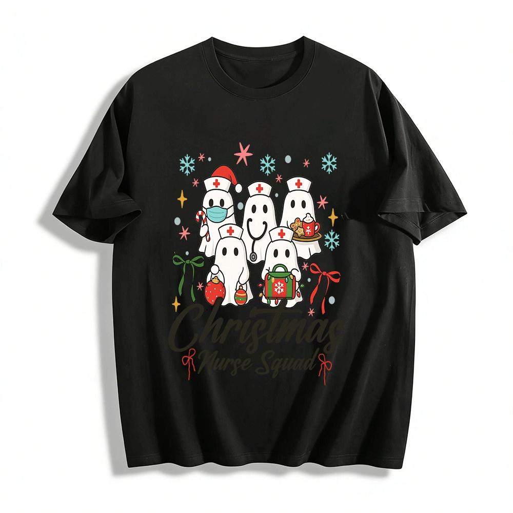 Christmas Nurse Squad Ghost Print Holiday Medical Themed Top Pure cotton T-shirt XXS