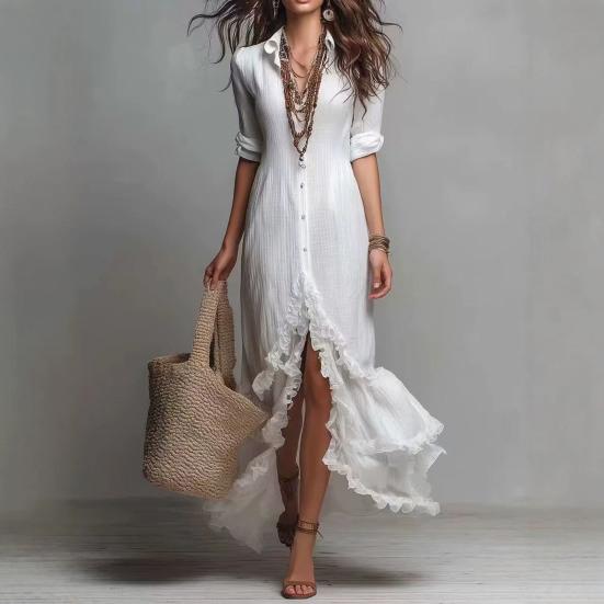 Women's 46085 Sleeve Button Dress Layered Down Maxi Ruffle