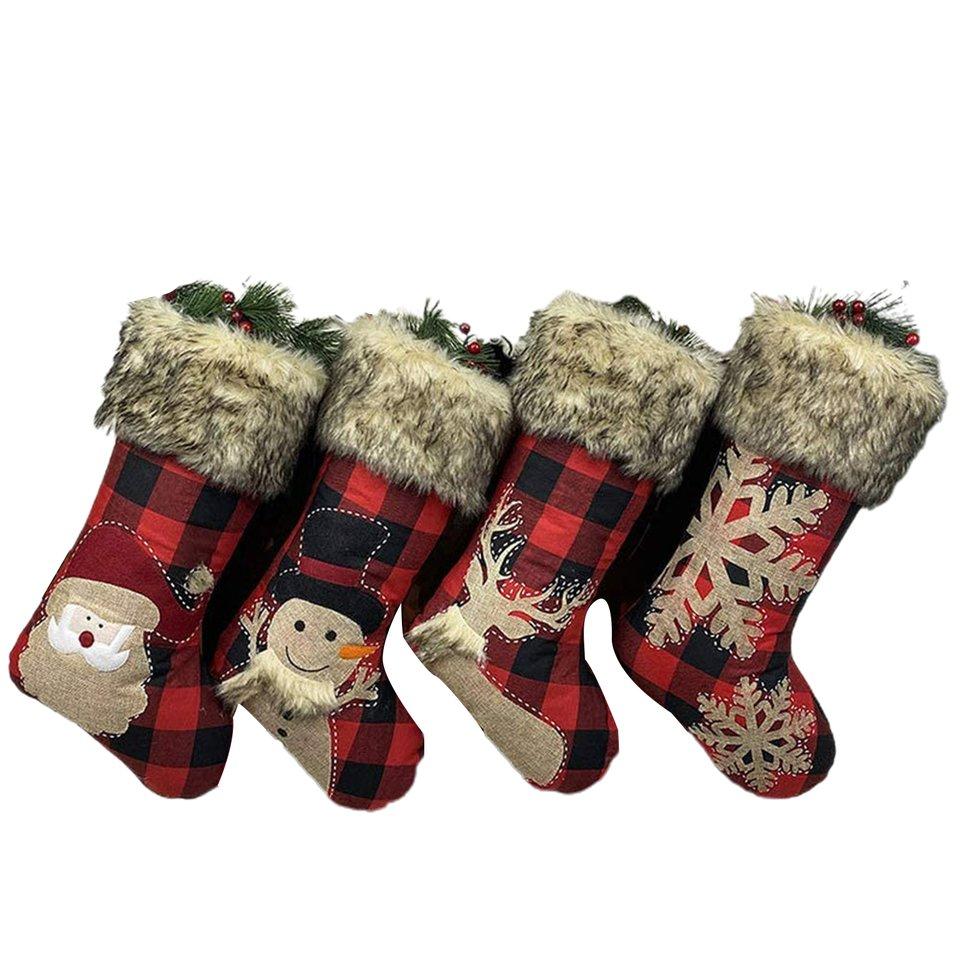 Yostyle Christmas Stockings Burlap Plaid Style with Snowflake Santa Snowman Reindeer and Plush Faux Fur Cuff Family Pack Stockings for Xmas Holiday Party Decor 4 Pack 18 Big Xmas Stockings