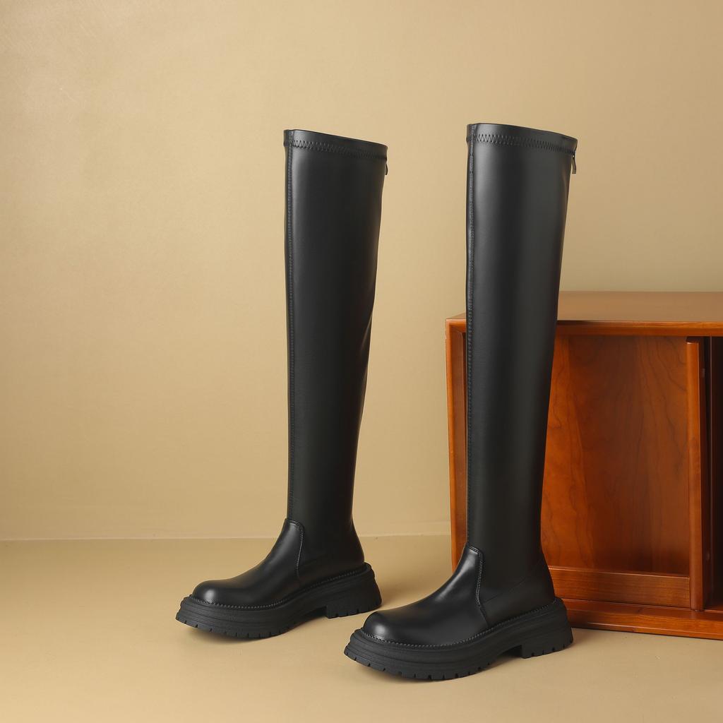 Krazing Pot Microfiber Autumn Winter Shoes Med Heels Flat Platform Size 42 Over-the-knee Boots Slip On Elastic Thigh High Boots