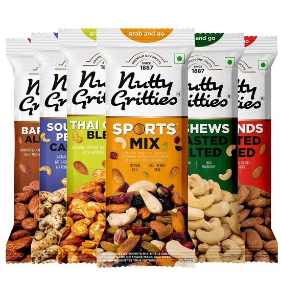 Nutty Gritties Grab And Go Mix Combo 240g (Each Pouch 40g, Pack of 6) - Sports Mix, Roasted Salted Almonds, Roasted Salted Cashews, Barbeque Almonds 240GM