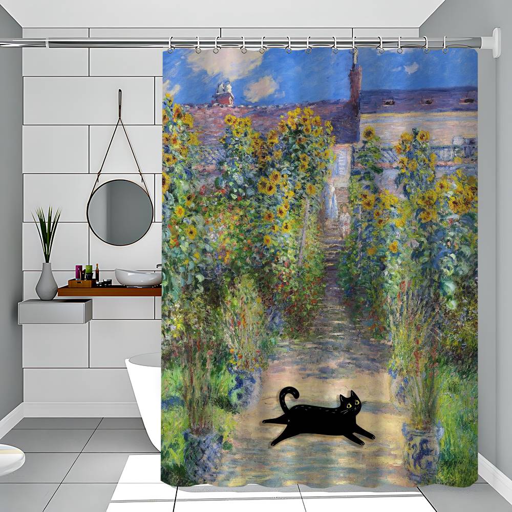 Claude Monet Artworks Interesting Cute Black Cat Simple Shower Curtain Bathroom Shower Curtain Easy To Clean Scrub Polyester