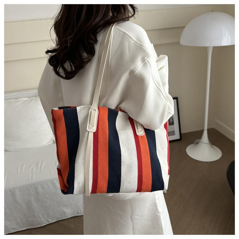 Tide tote bag women's new contrasting color striped shoulder bag large capacity fashion women's bag