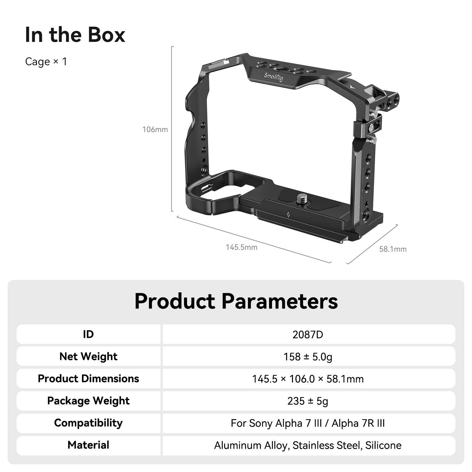 SmallRig Cage for Sony A7 III / A7R III, Aluminum Alloy Cage with Arca Quick Release Plate, Built-in Cold Shoe, NATO Rail 2087D Single Cage 2087D
