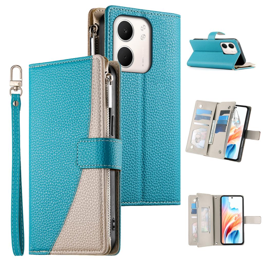 For Oppo A5x 5G/4G Case Zipper Wallet Color Splicing Leather Flip Phone Cover with Straps