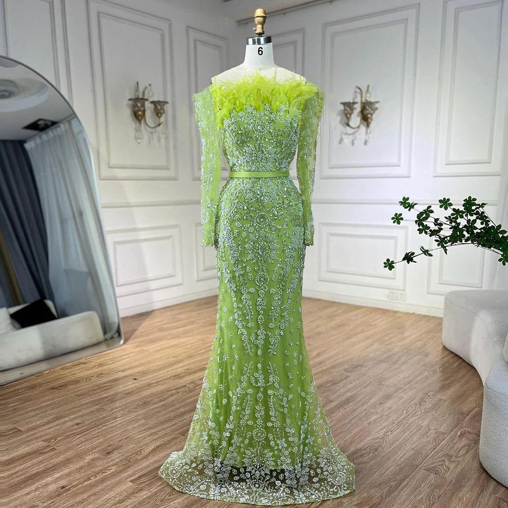 Women's Off Shoulder Feather Mermaid Evening Gown Mid Waist Elegant Beaded Long Sleeve Formal Banquet Host Maxi Dress