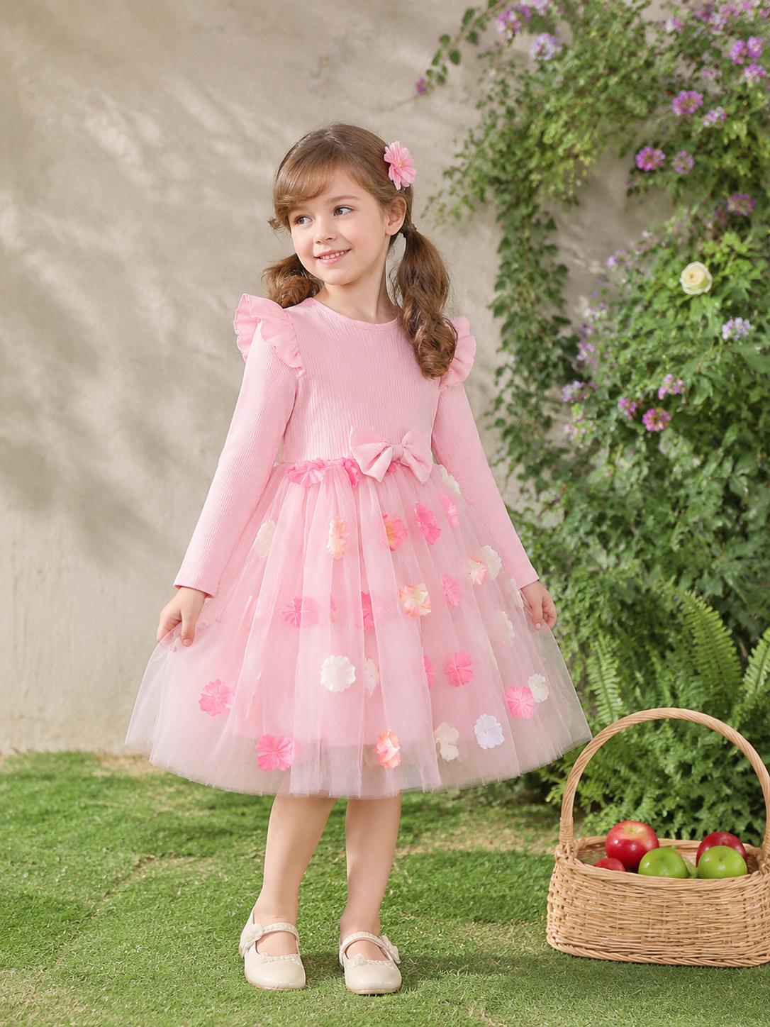 Girls Ruffle Sleeve 3D Flower Tulle Dress Pink Bow Princess Dress 4Y розовый