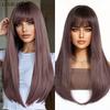 LOUIS FERRE Brown Base Blonde Highlights Medium Straight Layered Wig With Bangs Synthetic Hair Heat Resistant Women Daily Party