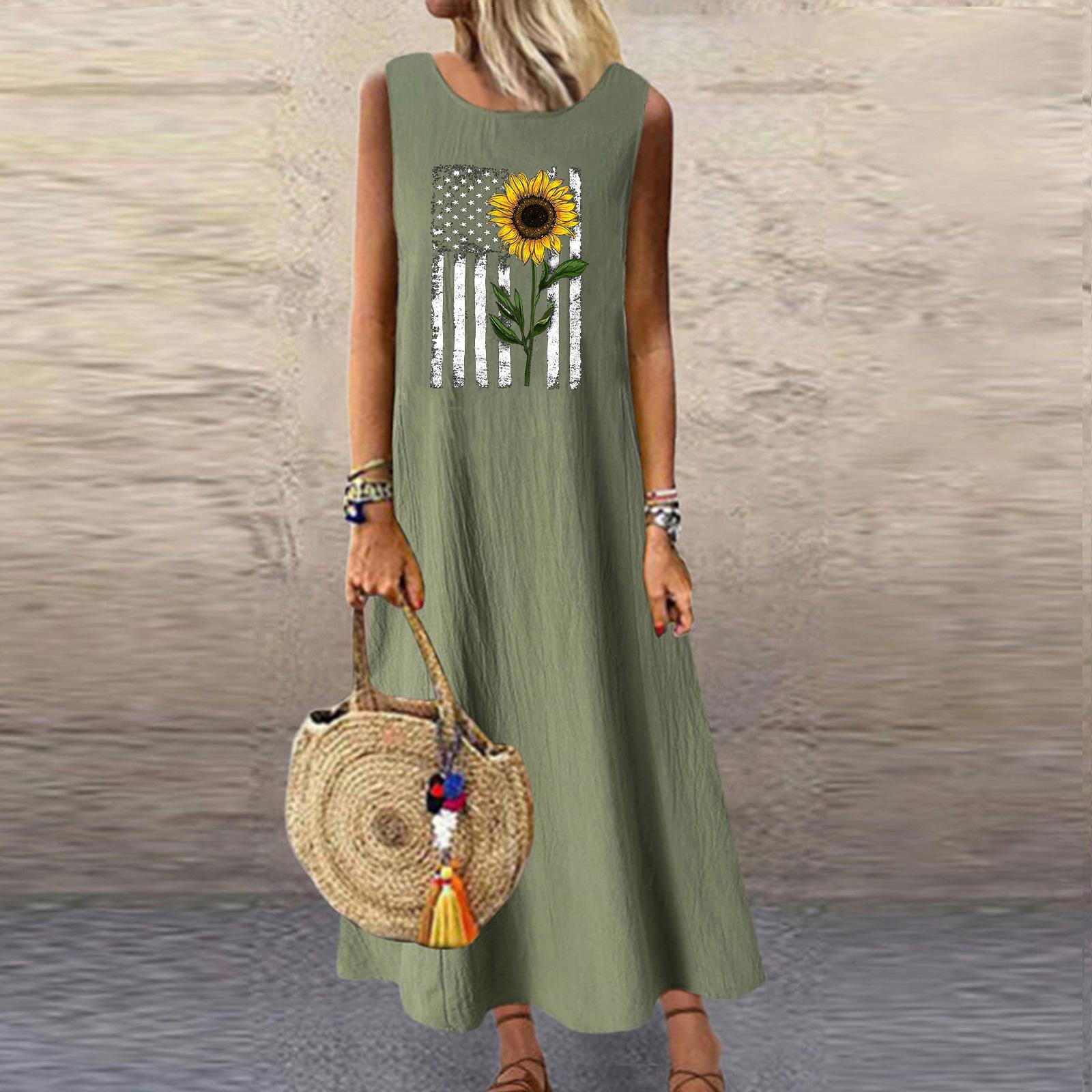 

Женское платье без рукавов с цветочным принтом из хлопка и льна в европейском и американском стиле с карманами 2XL армия зеленый