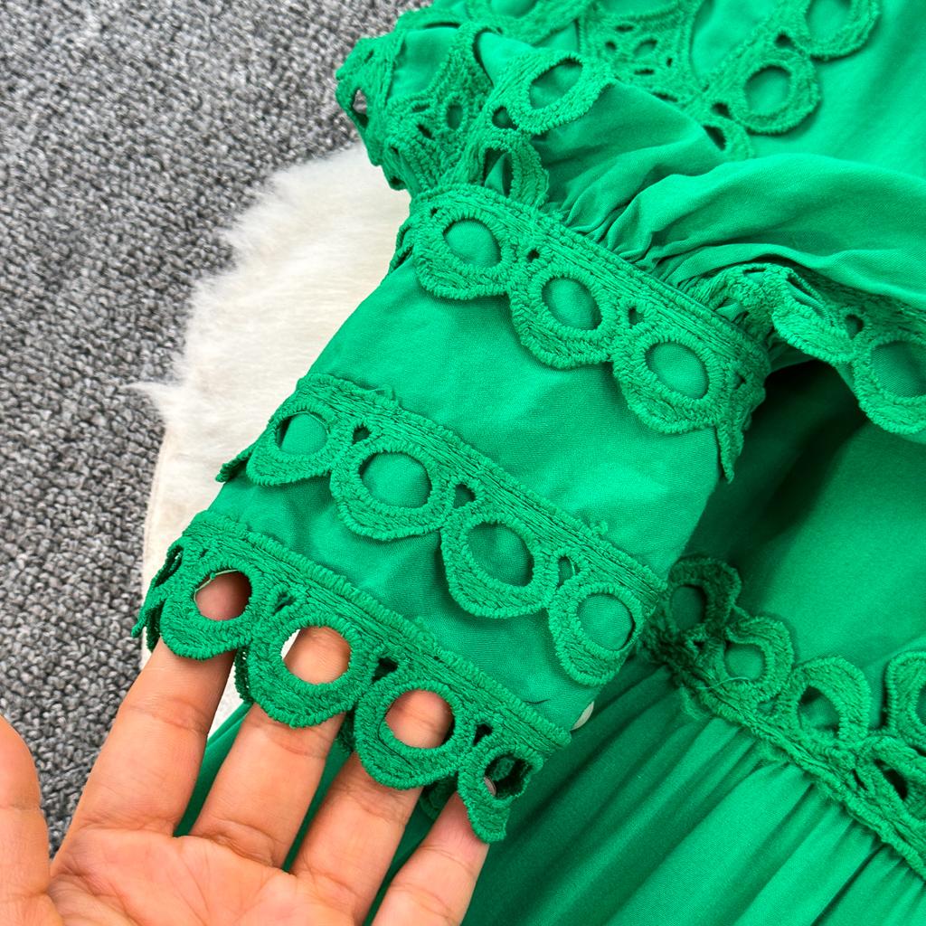 Court Style Elegant Dresses for Women Crochet Lace Hollow Out O-neck Lantern Sleeve Female Vestidos A-line Belted Dress Dropship