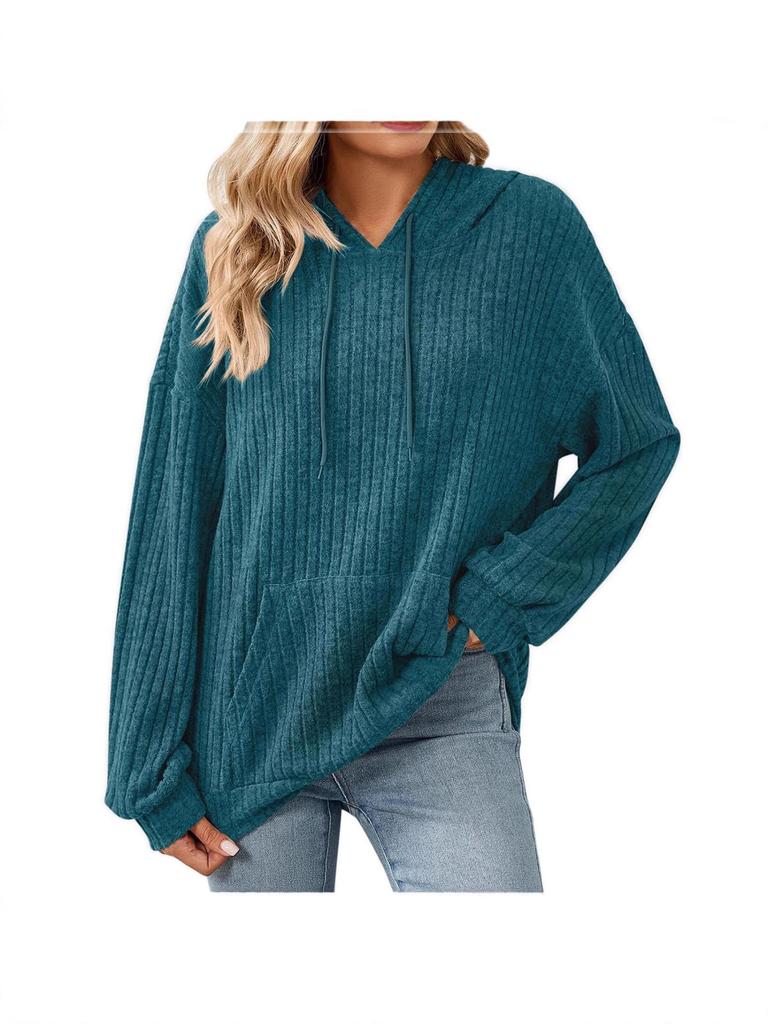 Women's Solid Color Ribbed Hooded Sweatshirt - Long Sleeve, Brushed, Autumn/Winter 2025 Collection