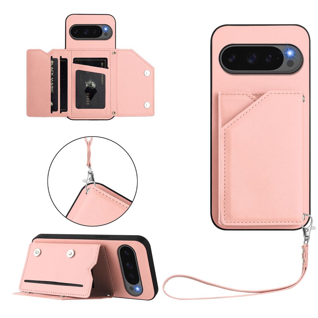 For Google Pixel 10 Pro XL Case Card Holder Kickstand Skin-Touch Phone Cover with Wrist Strap