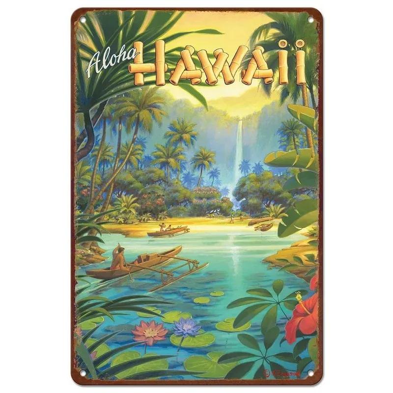 Vintage Hawaii New York Santorini Landscape Travel Tour Poster Retro Metal Aluminum Signs Funny Plaque Home Bar Cafe Wall Decor
