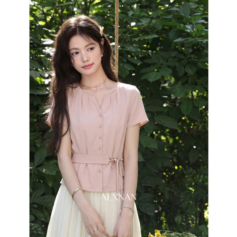 Women's French Pink V-Neck Tie-Waist Short Sleeve Blouse