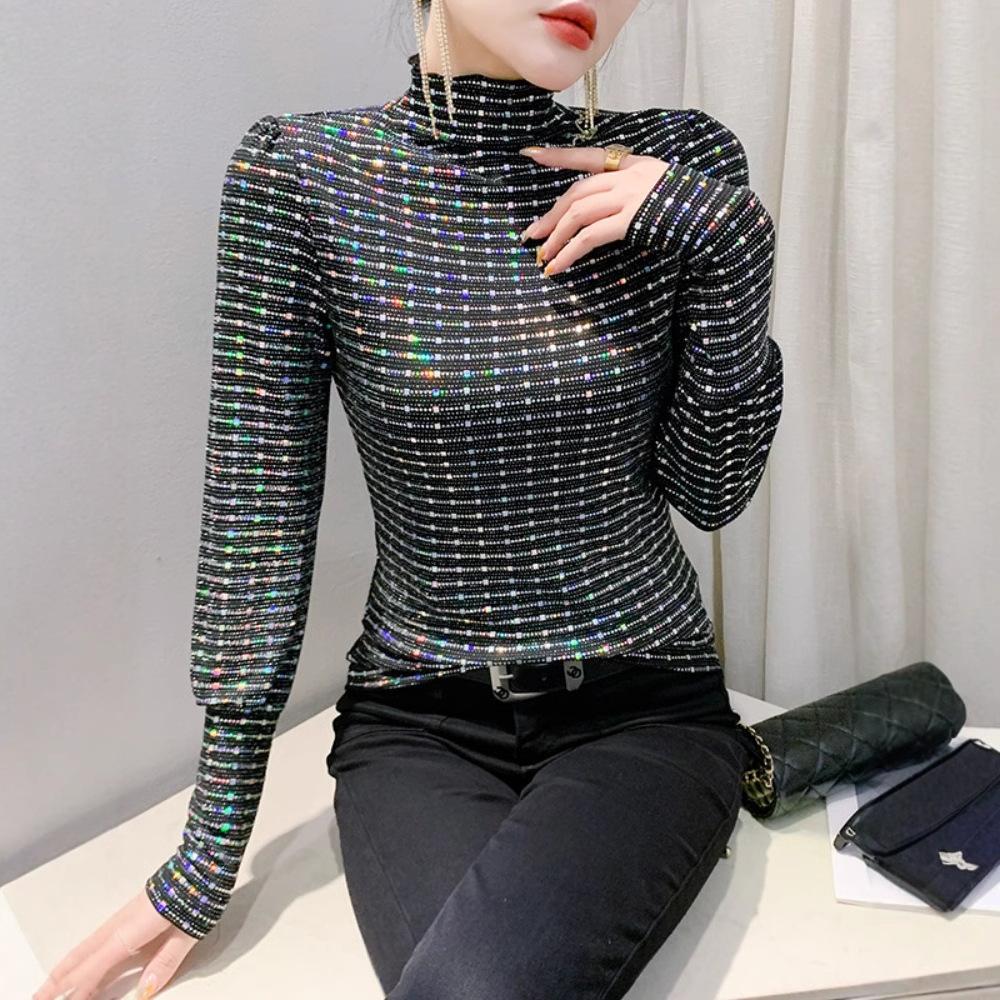New Winter Heavy Industry Sequins Versatile Long-sleeved Base Shirt Top for Women Slim Pullover T-shirt