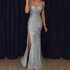 2025 Autumn/Winter European & American Slit Gold Stamping Evening Gown