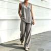 European and American Women's Casual V-neck Sleeveless Bamboo Hemp Top and Wide-leg Pants Two-piece Set