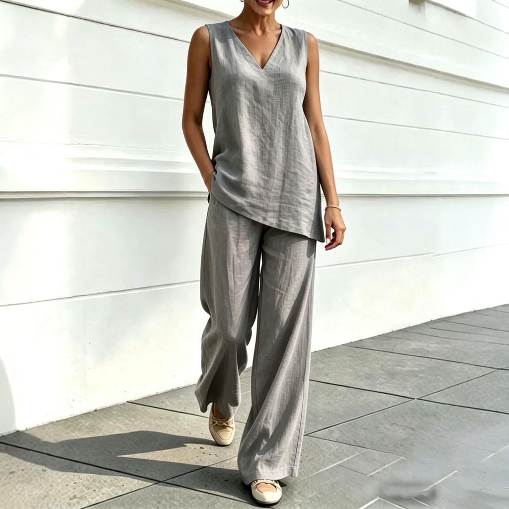European and American Women's Casual V-neck Sleeveless Bamboo Hemp Top and Wide-leg Pants Two-piece Set