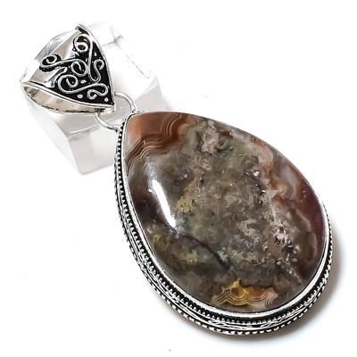 Natural Laguna Lace Agate Gemstone 925 Sterling Silver Pendant 2.25" i1Z76