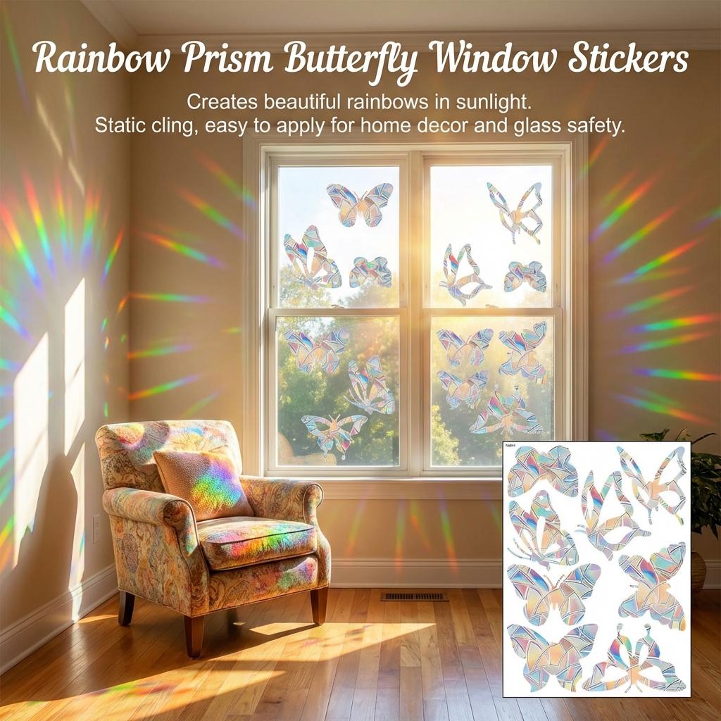 Static PVC Window Sticker Rainbow Prism Butterfly Pattern Home Decoration Anti Collision Glass Sticker