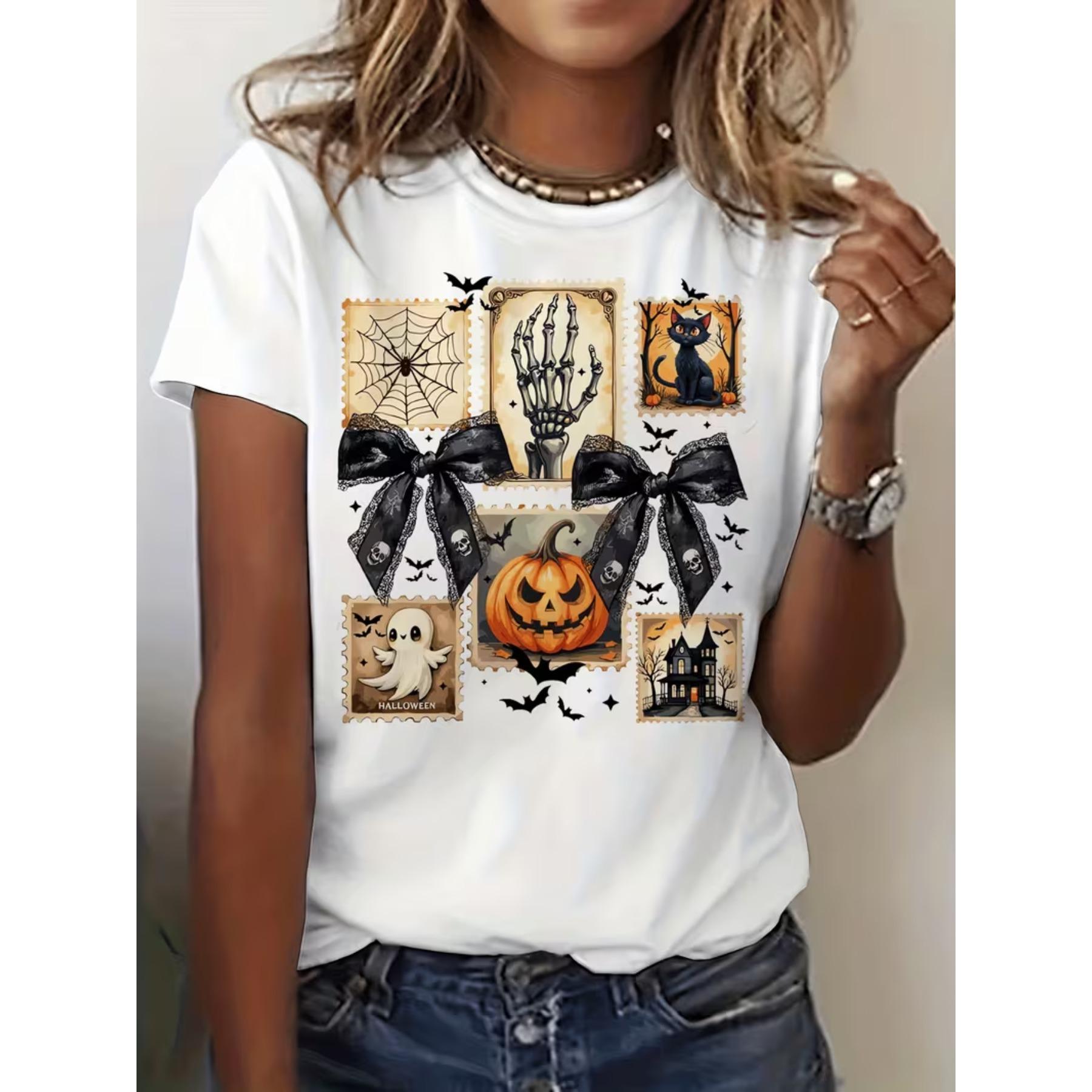 

Women s Postage Stamp & Ghosts for Halloween T-Shirt - Short Sleeve Crew Neck Casual Blouse Spooky Fall & Everyday Summer Top XXL