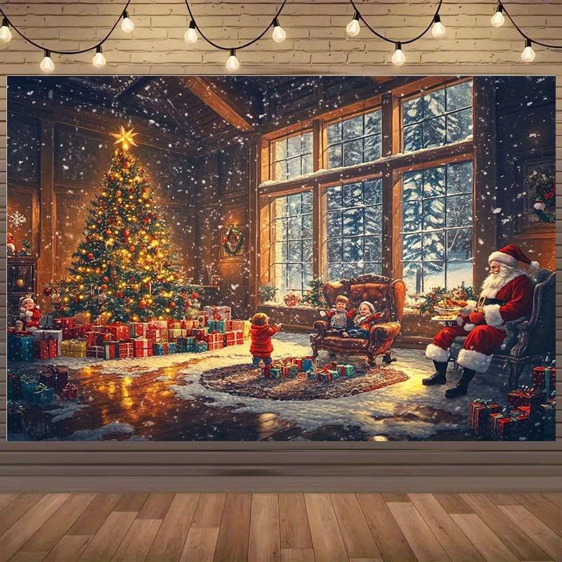 1 piece of Christmas background cloth with snow house Santa ClausChristmas treeand gifts - creating a warm festive atmosphere 180X110