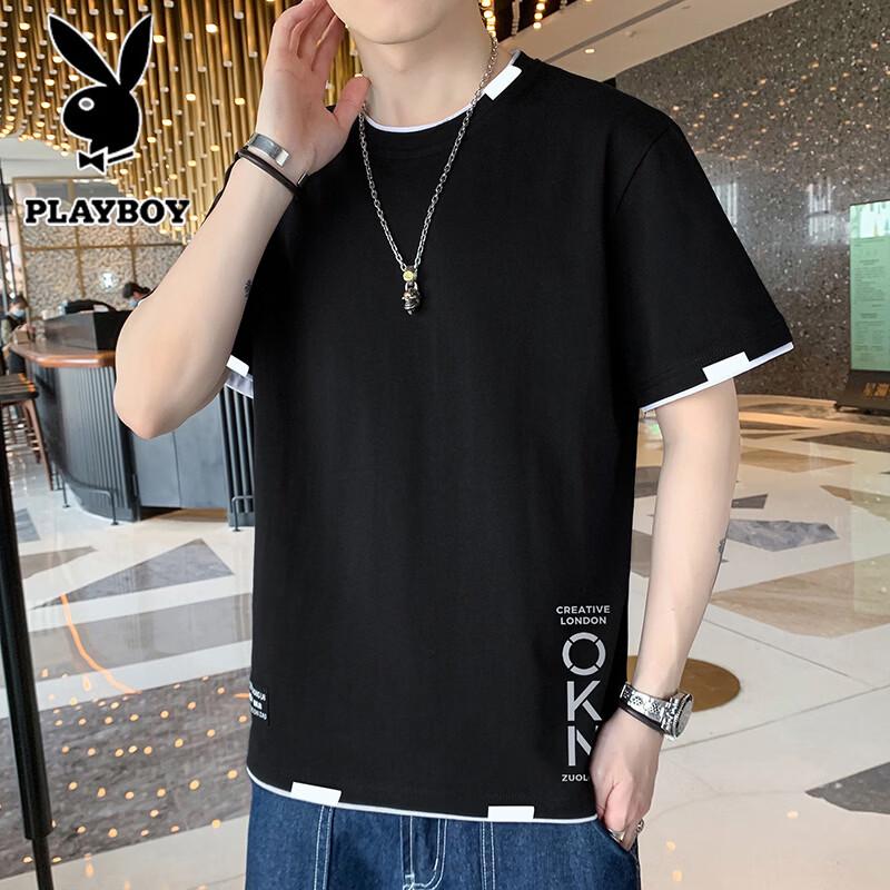 PLAYBOY Men s Summer Loose Fit Fake Two-Piece Short Sleeve T-Shirt M