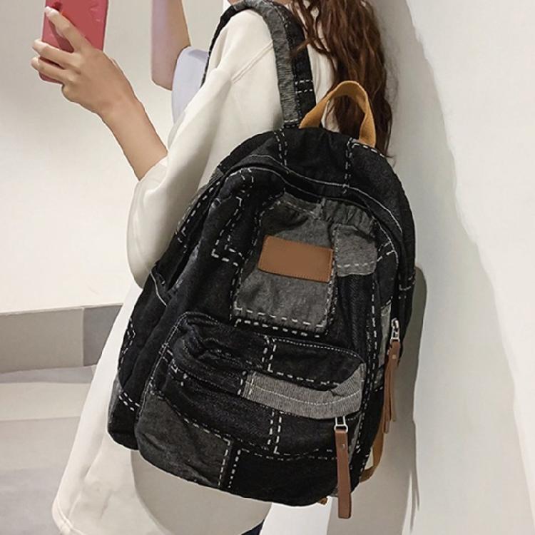 Student School Bag Denims Patched Backpack Girls Aesthetic Backpack Travel Bag Large Capacity Casual Daypacks