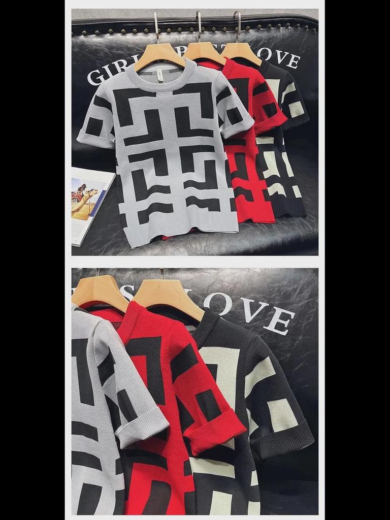 Men's Slim Geometric Pattern Short-Sleeve Top for Spring and Autumn
