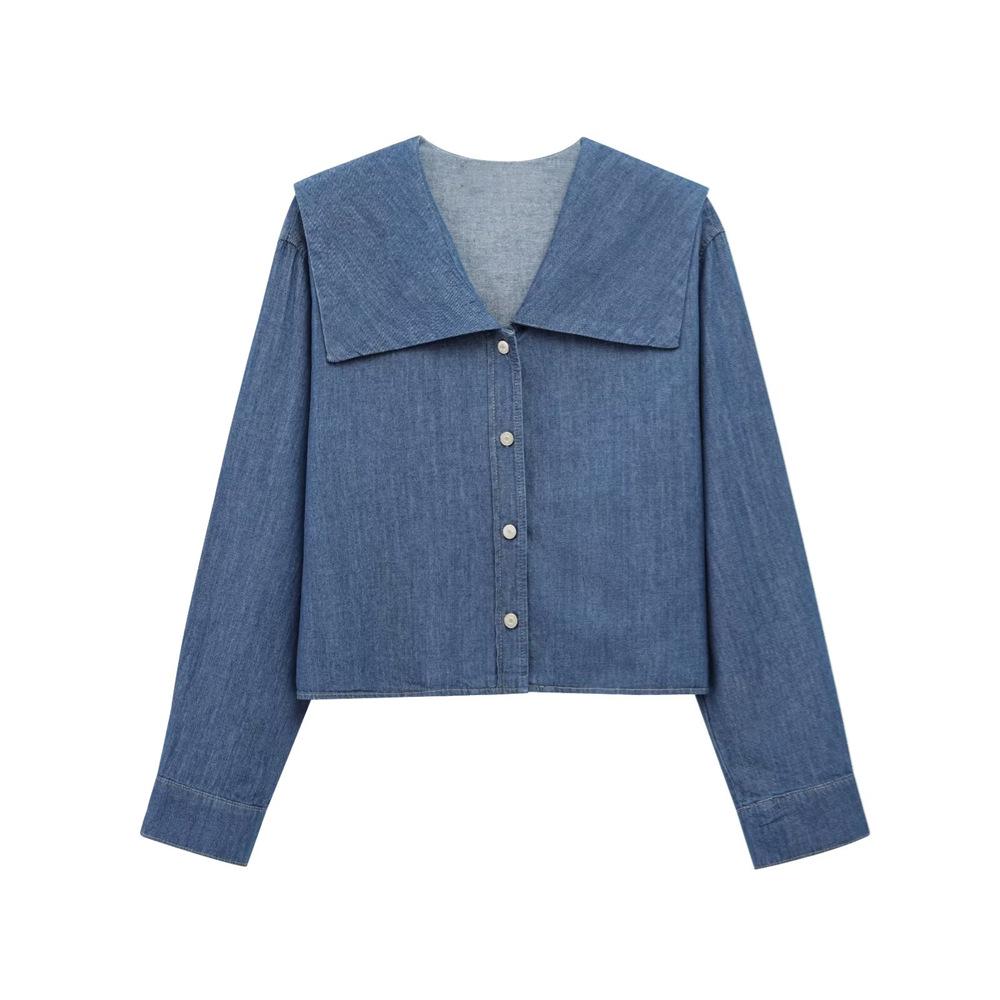 

2025 Women s Commuter Denim Look Cotton Shirt with Flat Collar and Long Sleeves S