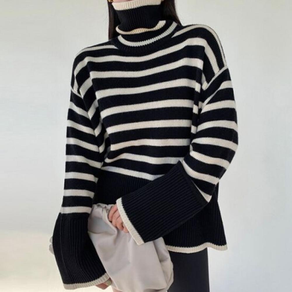 Navava Women S Striped Hem Slit Turtle Neck Long Sleeve Knit Top Nk2513