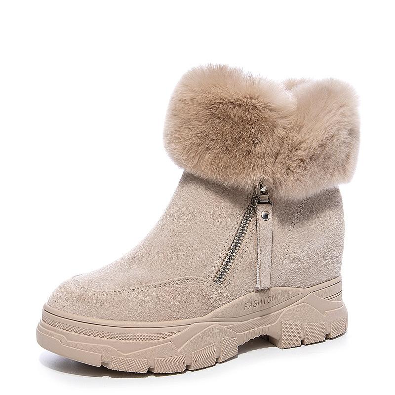 Fashion 8CM Fur Genuine Leather Cushioned Platform Wedge Winter Plush Fur Spring Women Warm Durable Ankle Boots