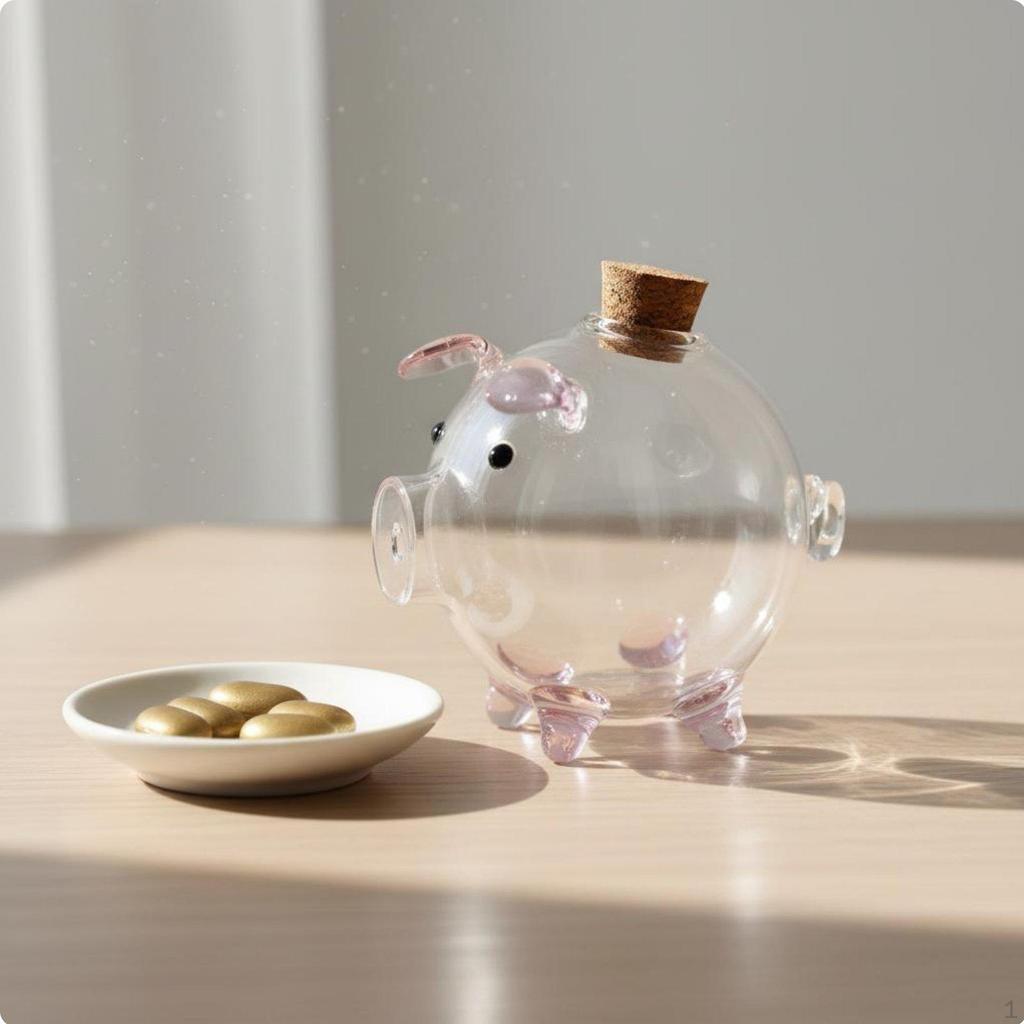 Golden Bead Storage Container Decorative Glass Piggy Bank Pig Money for Kids, Newborns,