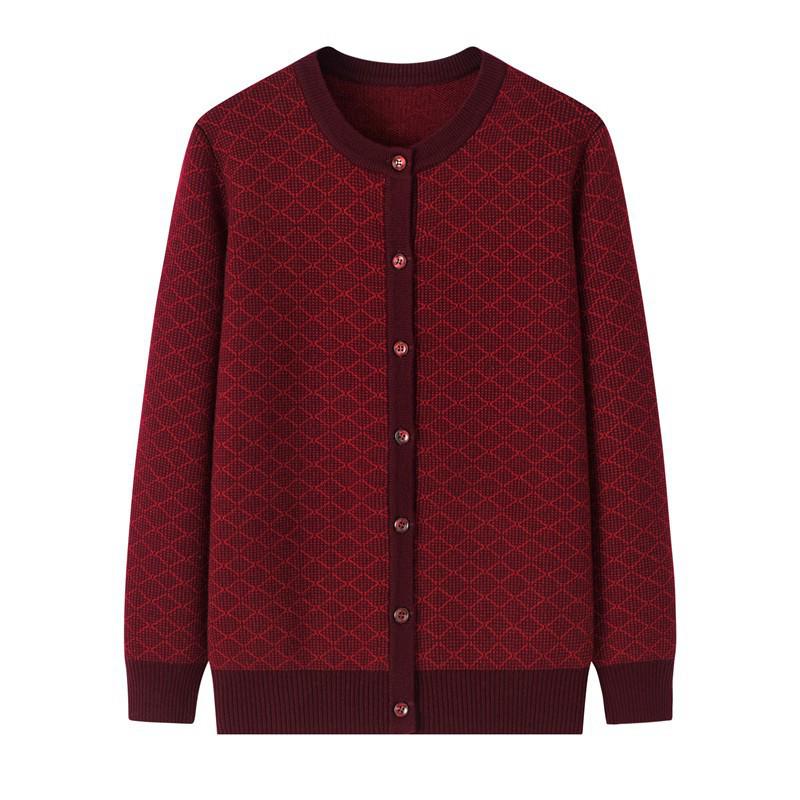 Middle-aged & Elderly Couples' Red Wool Cardigan - Year of the Rat Theme, Plus Size Warmth for Women.