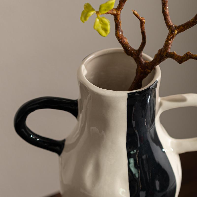 Ceramic Vase Geometric Check Pattern Flowerpot with Handle Flower Arrangement Accessories Terrarium Home Decoration