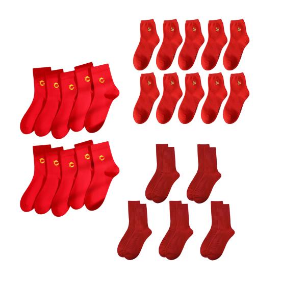 10 par Unisex Nyttår Røde Sokker Kinesisk Broderi Mellomlange Elastiske Sklisikre Velstand Lykke Symbol Svetteabsorberende Feiringssokker