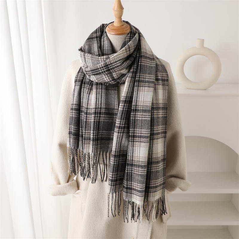 Korean version of imitation cashmere literary lines plaid warm shawl scarf autumn and winter fashion atmosphere versatile fringed scarf