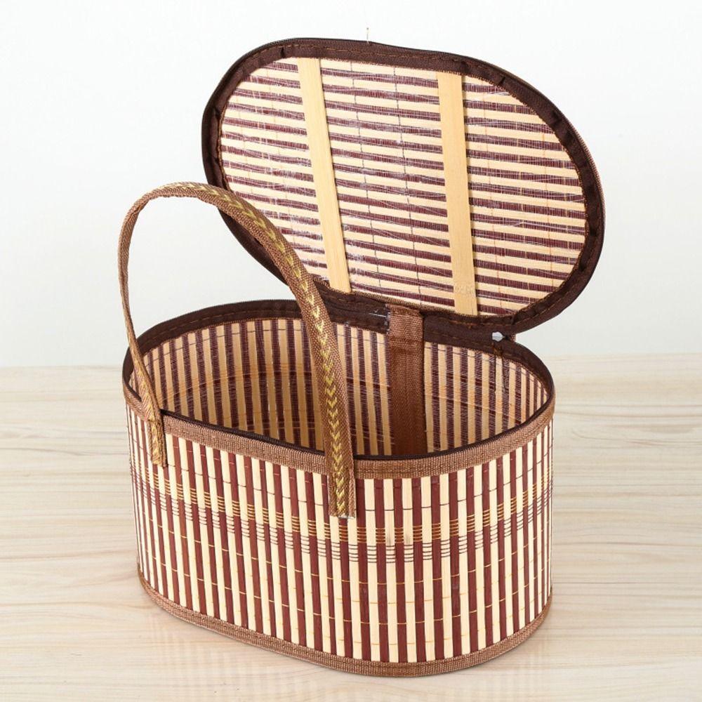 

Handheld Elliptical Bamboo Basket Pastoral Style Sundries Snacks Basket Camping зелений