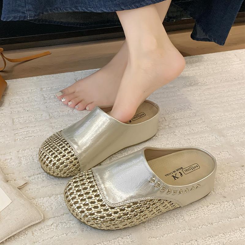 Thick bottom inner height increase one pedal woven hollow breathable cool slippers women's summer wear 2025 new bag head half slippers